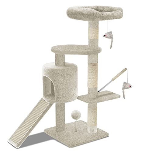 VOUNOT Kratzbaum Stabiler Katzenbaum Kletterbaum für Katzen, mit Plattformen Höhle Sisalseil, 115cm, Beige von VOUNOT