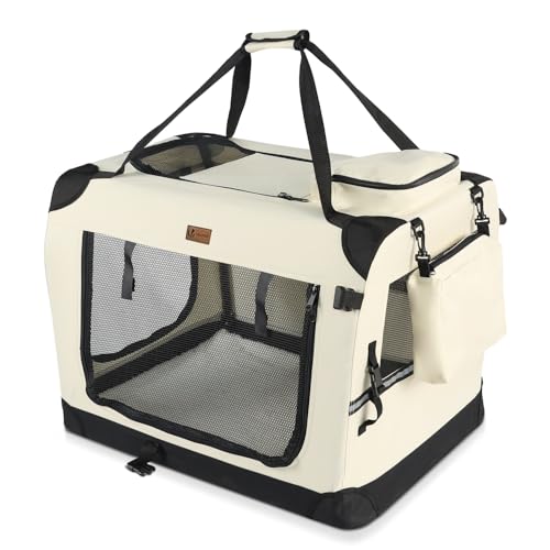 VOUNOT Hundebox faltbar, Transportbox Katze Hunde, Hundetasche, Oxford-Gewebe, Netzstoff, Atmungsaktiv, Transportabel, Metallrahmen, mit Griffen, Taschen, 70x52x52cm L, Beige von VOUNOT