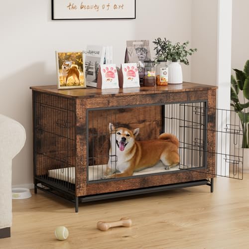 VOWNER Hundekäfig Möbel, 3 Türen Holz Hundebox für Zuhause, Moderne Hundehütte Indoor für kleine und mittelgroße Hunde unter 30 kg, als Beistelltisch für Wohnzimmer, 98 x 60 x 65 cm, Braun von VOWNER