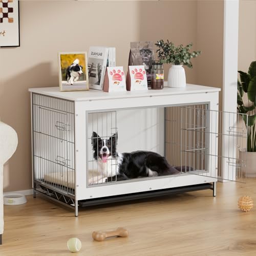 VOWNER Hundekäfig Möbel, 3 Türen Holz Hundebox für Zuhause, Moderne Hundehütte Indoor für kleine und mittelgroße Hunde unter 30 kg, als Beistelltisch für Wohnzimmer, 98 x 60 x 65 cm, Weiß von VOWNER