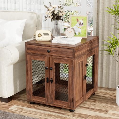 VOWNER Hundekäfig Möbel Indoor, 3 Türen Holz Hundebox mit Schublade, Moderne Hundehütte als Beistelltisch, 51 x 60 x 62 cm für kleine Hunde Zuhause unter 20 kg, Walnussbraun von VOWNER
