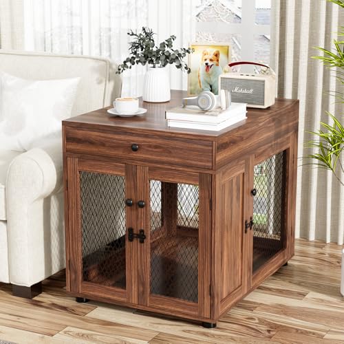 VOWNER Hundekäfig Möbel Indoor, 3 Türen Holz Hundebox mit Schublade, Moderne Hundehütte als Beistelltisch, 60 x 80 x 69 cm für kleine/mittelgroße Hunde Zuhause unter 30 kg, Walnussbraun VOWNER Hundekäfig Möbel Indoor, 3 Türen Holz Hundebox mit Schublade, Moderne Hundehütte als Beistelltisch, 60 x 80 x 69 cm für kleine/mittelgroße Hunde Zuhause unter 30 kg, Walnussbraun von VOWNER