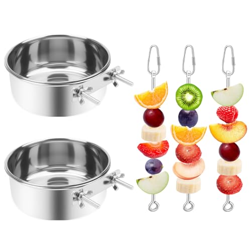 VOXGET Futterschalen für Vögel, mit 3 Futterhaltern für Käfig, Papageienfutter, Wasserschalen und Obst-Gemüse-Spieß, Futterspieß, Spielzeug, Edelstahl-Vogelfutterspender für kleine Tiere, Silber, 5 von VOXGET