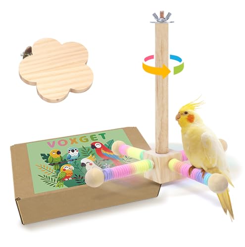 VOXGET Vogelständer Sitzstange Spielzeug Set für Käfig Papagei 360° drehbar interaktives Spielzeug mit kleiner Plattform für Nymphensittiche Wellensittiche Wellensittiche Spielübung Anreicherung Holz von VOXGET