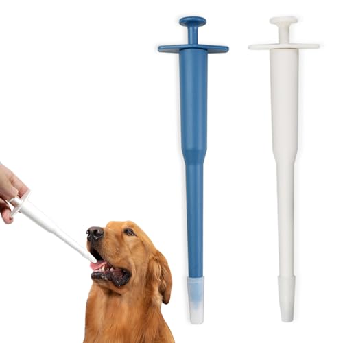 VPB 2 x Futterspender für Haustiere, für Katzen, Welpen, Kaninchen, Vögel, Tablettenspender, wiederverwendbar, Medikamentenspender, Pillen-Popper, Seitengriffpresse, Weiß + Blau von VPB