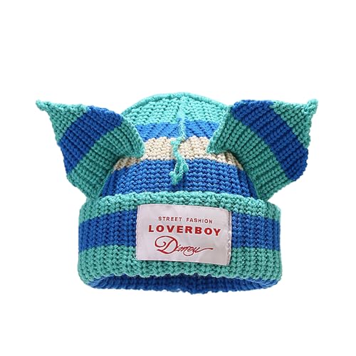 Mütze mit Katzenohren, niedlich, gestrickt, Totenkopfmütze, warm, lässig, Häkelmütze (Blau, Seegrün) von VPTMRP