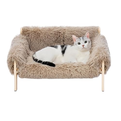 VRKRTVBLB Holz angehobenes Haustierbett mit abnehmbarem Bezug, Plüsch-Haustiersofa, Holzbein for Katzenhunde(Brown) von VRKRTVBLB
