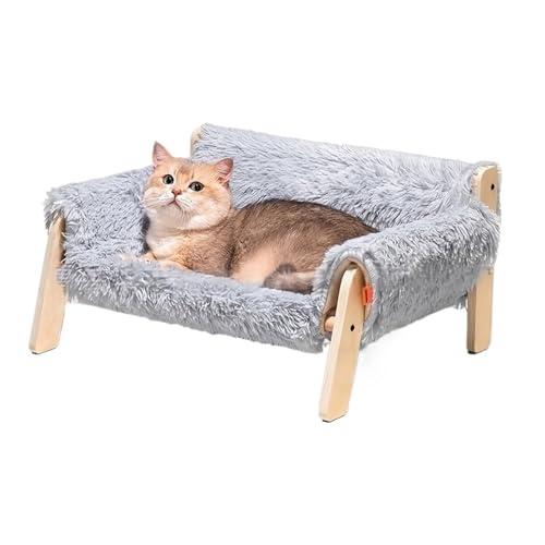 VRKRTVBLB Holz angehobenes Haustierbett mit abnehmbarem Bezug, Plüsch-Haustiersofa, Holzbein for Katzenhunde(Gray) von VRKRTVBLB
