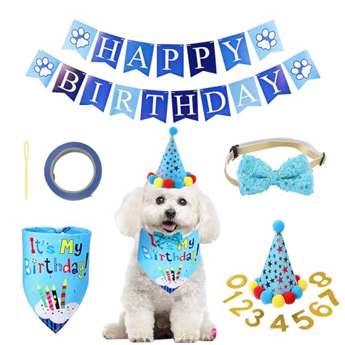 VTOPVMAX Hundegeburtstagsparty-Zubehör, Geburtstagstuch, Jungen, Hundegeburtstagshut, Fliege, Geburtstagszahlen (blau) von VTOPVMAX