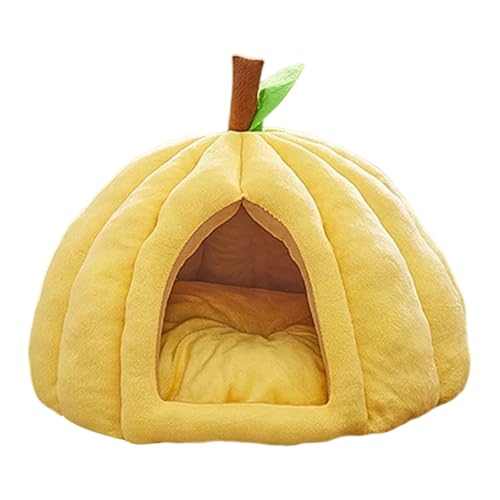 Halloween Katzenhaus, Kürbis Katzenhöhle mit Kissen, Kürbis Innenhütte, Hunde Plüschbett für Schlafzimmer, Balkon Erkerfenster im Freien, Schlafsaal, Wohnung, Wohnzimmer, Haustier Wohnung (Gelb, M) von VUKHWX