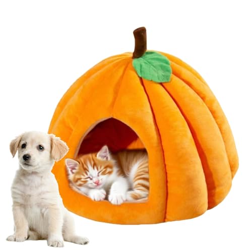 Halloween Katzenhaus Kürbis Katzenhöhle, Kürbis Innenhütte, Hunde Plüschbett für Schlafzimmer, Balkon Erkerfenster im Freien, Schlafsaal, Wohnung, Wohnzimmer, Haustier Wohnung, Zubehör (Orange, L) von VUKHWX