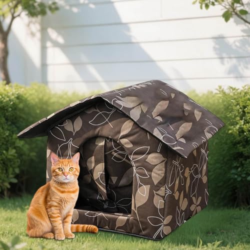 Katzenbett, katzenhöhle, Katzenhaus Outdoor Winterfest, katzenhöhle für draußen, Mit Abnehmbarem Kissen Mit ReißVerschluss Aus Oxfordtuch Portables Katzenhaus für Draussen (braun, M:40×35×40CM) von VUKHWX