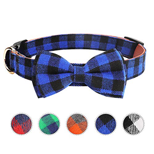 Vaburs Hundehalsband mit Fliege und Schnalle, leicht kariert, für Hunde und Katzen, weich, bequem, verstellbar (M, blau) von Vaburs