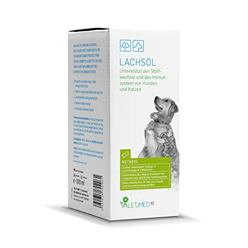 Valetumed Lachsöl,100ml, Hochwertiges Öl, das den Stoffwechsel und das Immunsystem von Hunden und Katzen unterstützt, Liefert essenzielle Omega-3- und Omega-6-Fettsäuren. Naturreine Premium-Qualität von Valetumed
