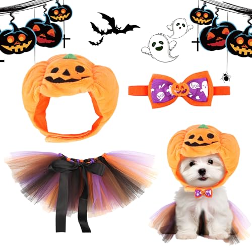 Valicaer Halloween-Kostüm-Set für Haustiere, Kürbishut, Halloween-Kostüm-Set mit verstellbarer Kopfbedeckung, Tutu-Röcken, Krawatte, für Hunde und Katzen, ideal für Partys von Valicaer