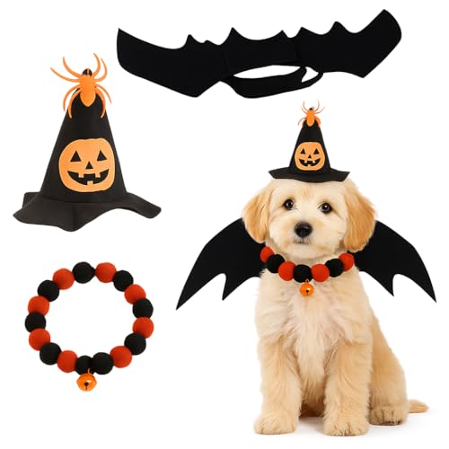 Valicaer Katzen Halloween kostüm Hund Fledermaus flügel,Haustier Kostüm mit Fledermausflügeln,Komfortabel Verstellbar Kürbisglocke & Hut,für Katzen und Hunde Halloween Party Cosplay,Schwarz (M) von Valicaer