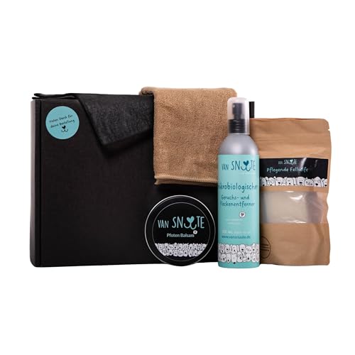 Van Snuute Schnuupperbox, Geschenkset, Starterset, Pflegeset für Hunde und Katzen, Fellpflege, Pfotenpflege, Geschenkbox mit Reinigungsspray, Fellseife und Pfotenbalsam, Tiershampoo von Van Snuute