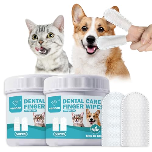 Vannon Pet Dental Care Fingertücher, Haustierzahnreinigungstücher für Katzen und Hunde, Hundezahnreinigungstücher, erfrischt den Atem, reduziert Plaque und Zahnstein, 2er-Pack, 100 Stück von Vannon