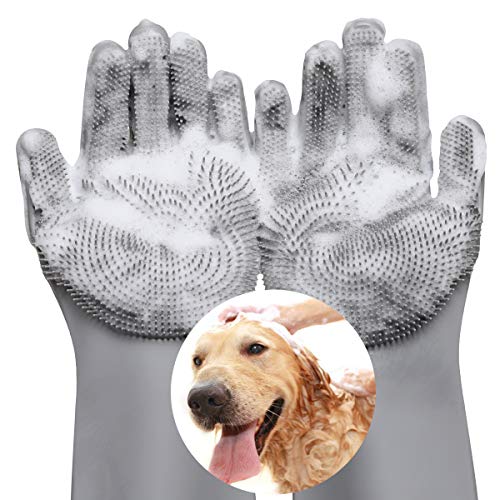 VavoPaw Haustier Fellpflege Handschuhe, Silikon Bürsten Handschuhe Hitzebeständige Ungiftige Handschuhbürste in Lebensmittelqualität Enthaarungsmassage für Haustiere Waschen - Grau von VavoPaw