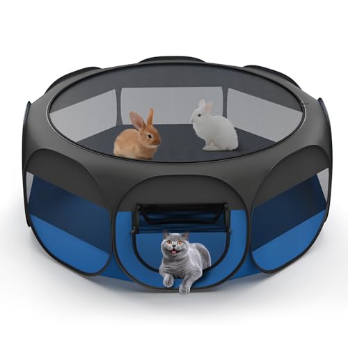 VavoPaw Haustier Laufstall für Kleintiere, Atmungsaktives Katzenzelt mit Abnehmbar Reißverschluss & Wasserdicht Boden, Tragbar Katzenlaufstall für Welpen, Kaninchen, für Innen/Außen, Schwarz + Blau von VavoPaw