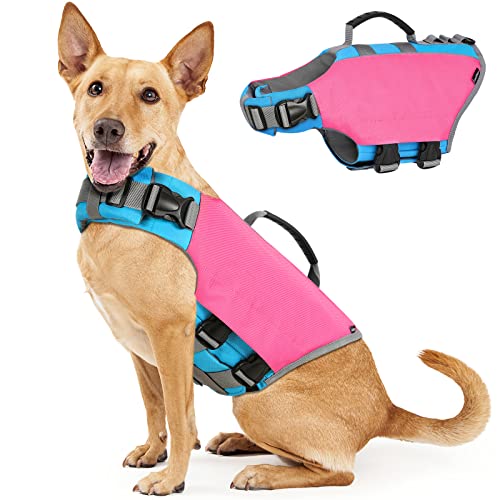 VavoPaw Hund Schwimmweste, Reflektierende Hundeschwimmweste Einstellbare Rettungsweste Ripstop Lifesaver mit Starkem Auftrieb und Rettungsgriff Hunde Schwimmhilfe zum Schwimmen, Bootfahren, L Rosa von VavoPaw