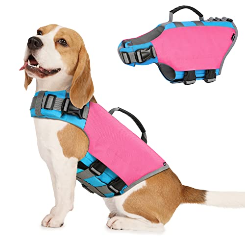 VavoPaw Hund Schwimmweste, Reflektierende Hundeschwimmweste Einstellbare Rettungsweste Ripstop Lifesaver mit Starkem Auftrieb und Rettungsgriff Hunde Schwimmhilfe zum Schwimmen, Bootfahren, M Rosa von VavoPaw