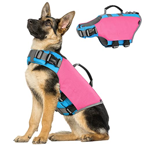 VavoPaw Hund Schwimmweste, Reflektierende Hundeschwimmweste Einstellbare Rettungsweste Ripstop Lifesaver mit Starkem Auftrieb und Rettungsgriff Hunde Schwimmhilfe zum Schwimmen, Bootfahren, XL Rosa von VavoPaw