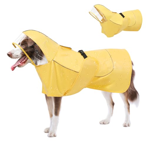 VavoPaw Regenmantel Hund, Verstellbar Regenjacken für Kleine, Mittlere, Große, und Kleine Hund, Wasserdicht Hundejacke mit Kapuze & Reflektorstreifen, Hunderegenmantel Poncho mit Magic Tape, Gelb, L von VavoPaw