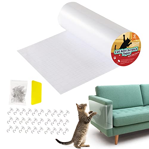 VavoPaw Katze Kratzschutz, 30*300cm Kratzschutz Pad Sofa Kratzschutzfolie Selbstklebend Katze Möbelschutz Dick Kratzpad mit Nägel und Abstreicher Anti Kratz Kratzabwehr für Sofa Tür Wand, Transparent von VavoPaw