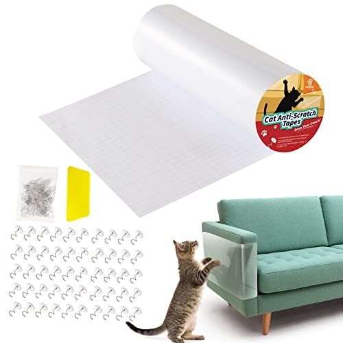 VavoPaw Katze Kratzschutz, 30*500cm Kratzschutz Pad Sofa Kratzschutzfolie Selbstklebend Katze Möbelschutz Dick Kratzpad mit Nägel und Abstreicher Anti Kratz Kratzabwehr für Sofa Tür Wand, Transparent von VavoPaw