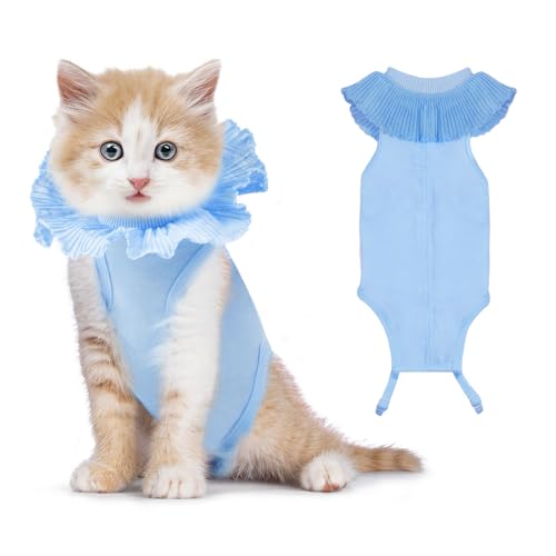 VavoPaw Katzenbody Nach Op für Weibliche Katzen, Atmungsaktive Katzen Kleidung für Chirurgische Genesung bei Bauchwunden, Weicher Stoff-Kätzchen Anzug E-Halsband-Alternative für Katzen, S Blau von VavoPaw