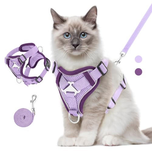 VavoPaw Katzengeschirr und Leine Set für Spaziergänge, Einstellbar Kätzchen Weste Geschirr mit Reflektierend Streif, Flucht Beweis Haustier Sicherheitsweste für Katzen, Welpen, M, Hell Lila von VavoPaw