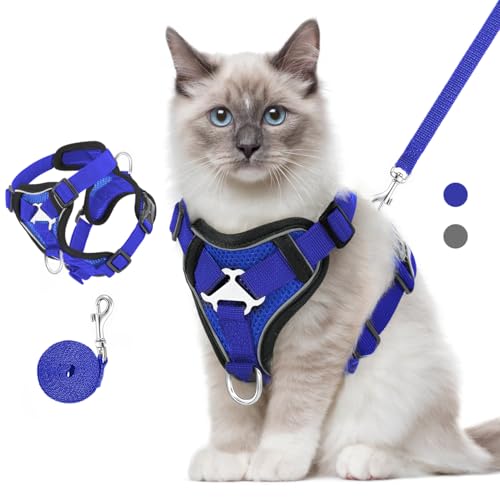 VavoPaw Katzengeschirr und Leine Set für Spaziergänge, Einstellbar Kätzchen Weste Geschirr mit Reflektierend Streif, Flucht Beweis Haustier Sicherheitsweste für Katzen, Welpen, M, Königblau von VavoPaw
