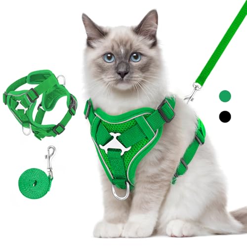 VavoPaw Katzengeschirr und Leine Set für Spaziergänge, Einstellbar Kätzchen Weste Geschirr mit Reflektierend Streif, Flucht Beweis Haustier Sicherheitsweste für Katzen, Welpen, M, Mittel Grün von VavoPaw