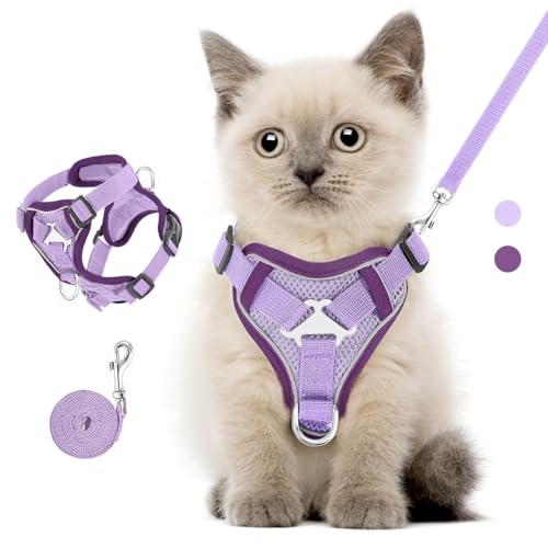 VavoPaw Katzengeschirr und Leine Set für Spaziergänge, Einstellbar Kätzchen Weste Geschirr mit Reflektierend Streif, Flucht Beweis Haustier Sicherheitsweste für Katzen, Welpen, S, Hell Lila von VavoPaw