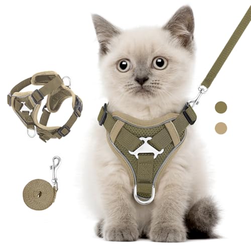 VavoPaw Katzengeschirr und Leine Set für Spaziergänge, Einstellbar Kätzchen Weste Geschirr mit Reflektierend Streif, Flucht Beweis Haustier Sicherheitsweste für Katzen, Welpen, S, Khaki von VavoPaw