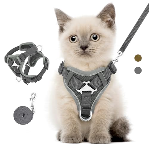 VavoPaw Katzengeschirr und Leine Set für Spaziergänge, Einstellbar Kätzchen Weste Geschirr mit Reflektierend Streif, Flucht Beweis Haustier Sicherheitsweste für Katzen, Welpen, XS, Dunkel Grau von VavoPaw