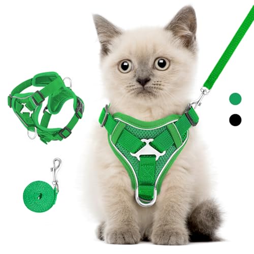 VavoPaw Katzengeschirr und Leine Set für Spaziergänge, Einstellbar Kätzchen Weste Geschirr mit Reflektierend Streif, Flucht Beweis Haustier Sicherheitsweste für Katzen, Welpen, XS, Mittel Grün von VavoPaw