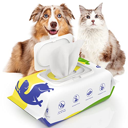 VavoPaw 100 Stück Reinigungstücher für Hunde, Desodorierende Hund Pflegetücher Katze Duftstofffreie, Natürliches Katze Feuchttuch, Wischtücher für Pfote Ohr Hintern Körper, Abwischtücher für Hunde von VavoPaw
