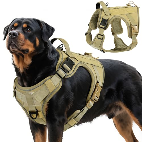 VavoPaw Taktisch Hundegeschirr, Einfach Kontrolle & Anti Zug Hundegeschirr mit Molle Panel und Reflektierend Streifen, Taktisch Weste für Hunde Training, Wandern, Jagd, Outdoor, Khaki, XL von VavoPaw