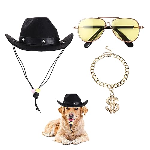 3-teiliges Haustier-Kostüm-Set für Hunde und Katzen - 1 x Haustier-Sonnenbrille, 1 x Western-Cowboyhut, 1 x Golddollar-Metallkette, Cosplay-Kostüm, Foto-Requisiten für kleine Hunde und Katzen von Vctitil