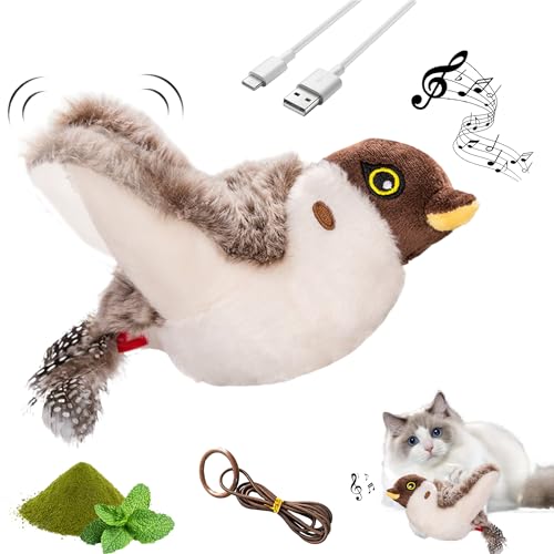 Vealind Interaktives Katzenspielzeug Fliegender Vogel Ähnliches Katzenspielzeug mit Vogelgeräuschen, Intelligenz Elektrisch Interaktiv mit USB Ladekabel Spielzeugfür Katzen von Vealind