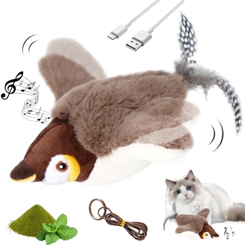 Vealind Interaktives Katzenspielzeug Fliegender Vogel Ähnliches Katzenspielzeug mit Vogelgeräuschen, Intelligenz Elektrisch Interaktiv mit USB Ladekabel Spielzeugfür Katzen von Vealind