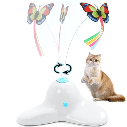 Vealind Interaktives Katzenspielzeug mit Schmetterling, Katzen Elektrisch Katzenspielzeug Intelligenz, Tumbler Katzenspielzeug für Batteriebetrieben mit 2 Schmetterling, Cremeweiß von Vealind