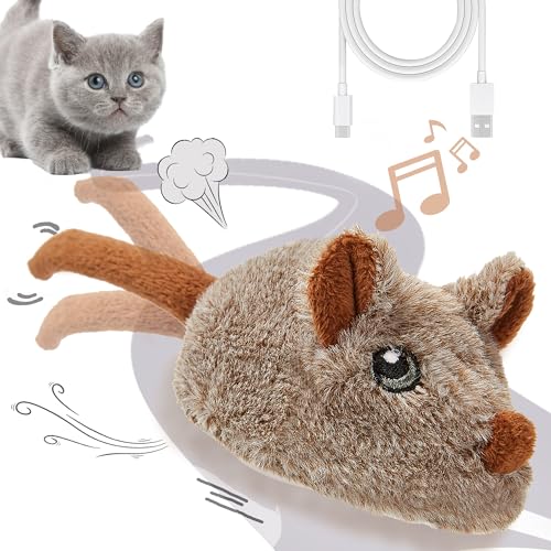 Vealind Katzenspielzeug Wiederaufladbare Maus mit Wackelschwanz, lebensechtes Quietschen Zwitschern Elektronische Mäuse für Indoor-Katzen, USB-Touch-aktiviertes Kätzchenspielzeug (Braun) von Vealind