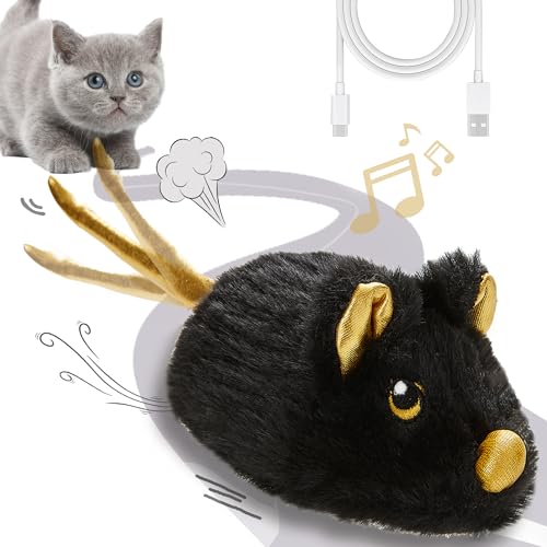 Vealind Katzenspielzeug Wiederaufladbare Maus mit Wackelschwanz, lebensechtes Quietschen Zwitschern Elektronische Mäuse für Indoor-Katzen, USB-Touch-aktiviertes Kätzchenspielzeug (schwarz) von Vealind