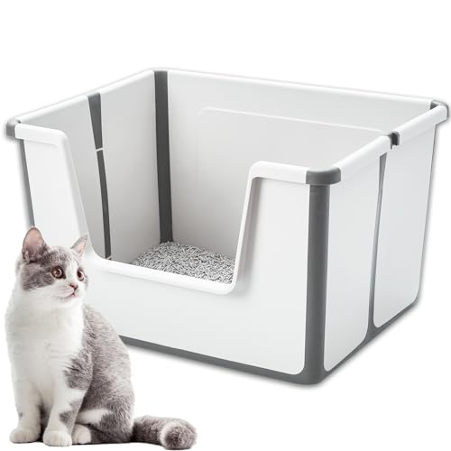 Vealind Offene Katzentoilette Mit Hohen Seiten, Faltbar Mit Niedrigem Eingang, 100% Auslaufsicher, Spritzwassergeschützt, Groß (Grau) von Vealind