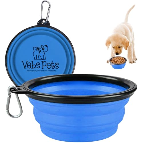 Faltbare Hundenäpfe für Reisen, tragbarer Wassernapf für mittelgroße und kleine Hunde, Katzen, Haustiere, faltbar, für Reisen, Camping, Spazierengehen, mit 2 Karabinern, BPA-frei, Blau von Vebs Pets