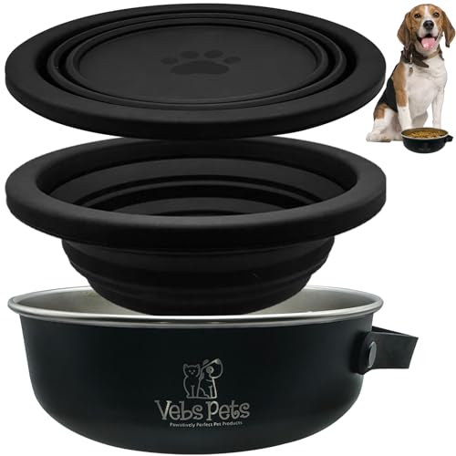 Vebs Pets - Edelstahl-Hundenapf, 850 ml, mit faltbarem Napfdeckel, 590 ml mit Griff, auslaufsicher, rutschfest, Futter- und Wassernäpfe für Hunde und Katzen, mittelgroße Hunde, tragbarer Reisehund von Vebs Pets