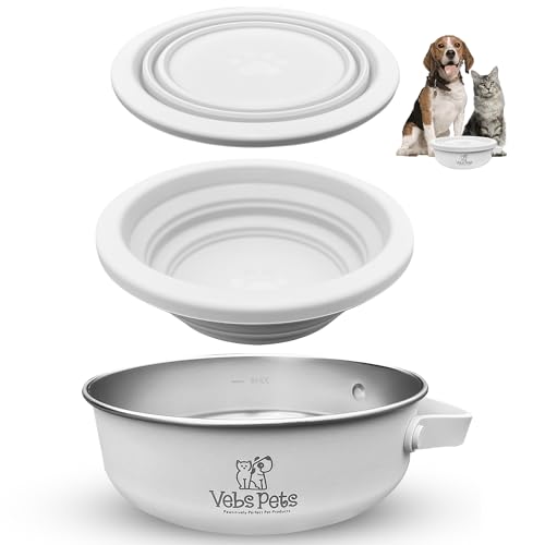Vebs Pets Hundenapf aus Edelstahl, 850 ml, mit faltbarem Deckel, auslaufsicher, rutschfest, für Futter und Wasser, Katzen, mittelgroße Hunde, tragbar, Reisen (Vaporous Grey) von Vebs Pets